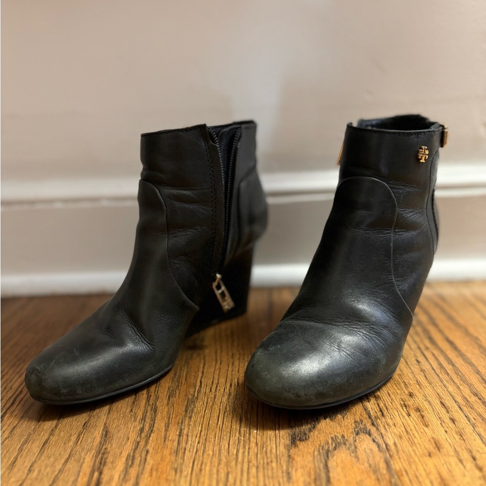 Tory Burch Black Wedge Leather Booties